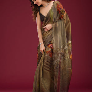Mehendi Printed Tissue Saree