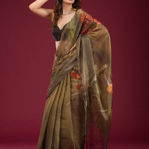 Mehendi Printed Tissue Saree
