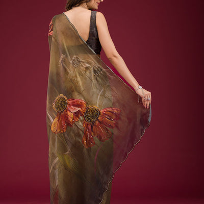 Mehendi Printed Tissue Saree