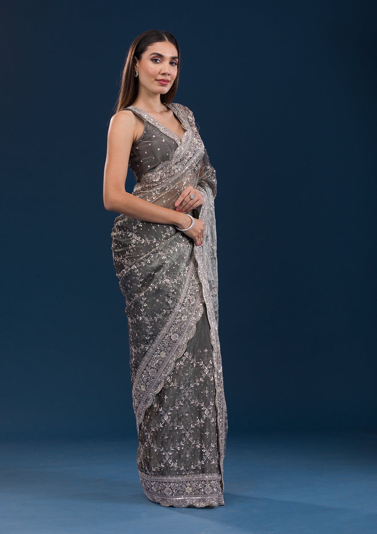 Mehendi Sequins Tissue Saree