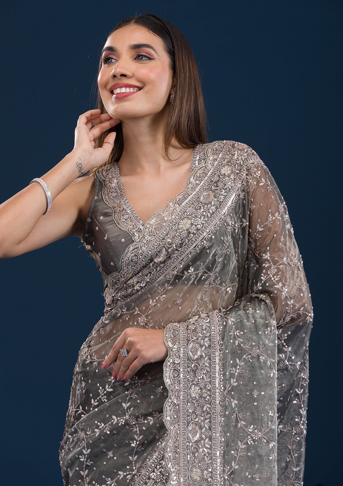 Mehendi Sequins Tissue Saree