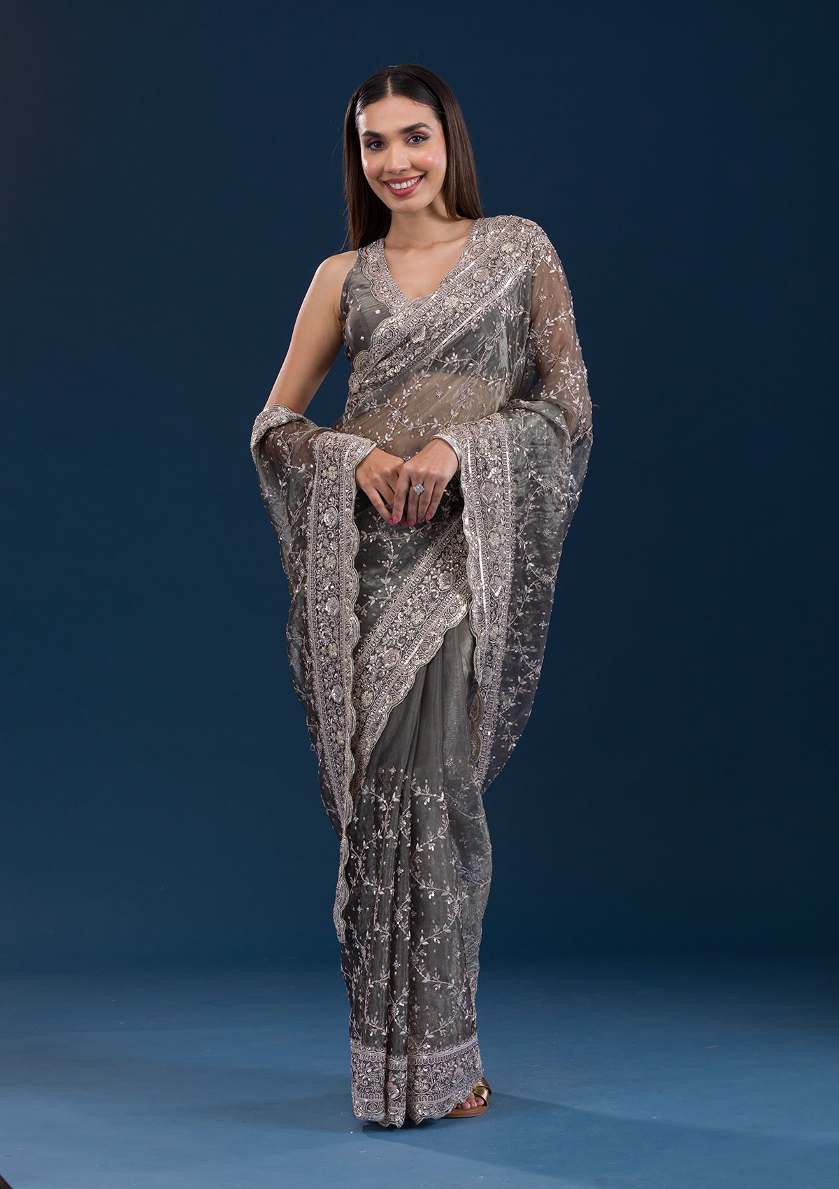 Mehendi Sequins Tissue Saree