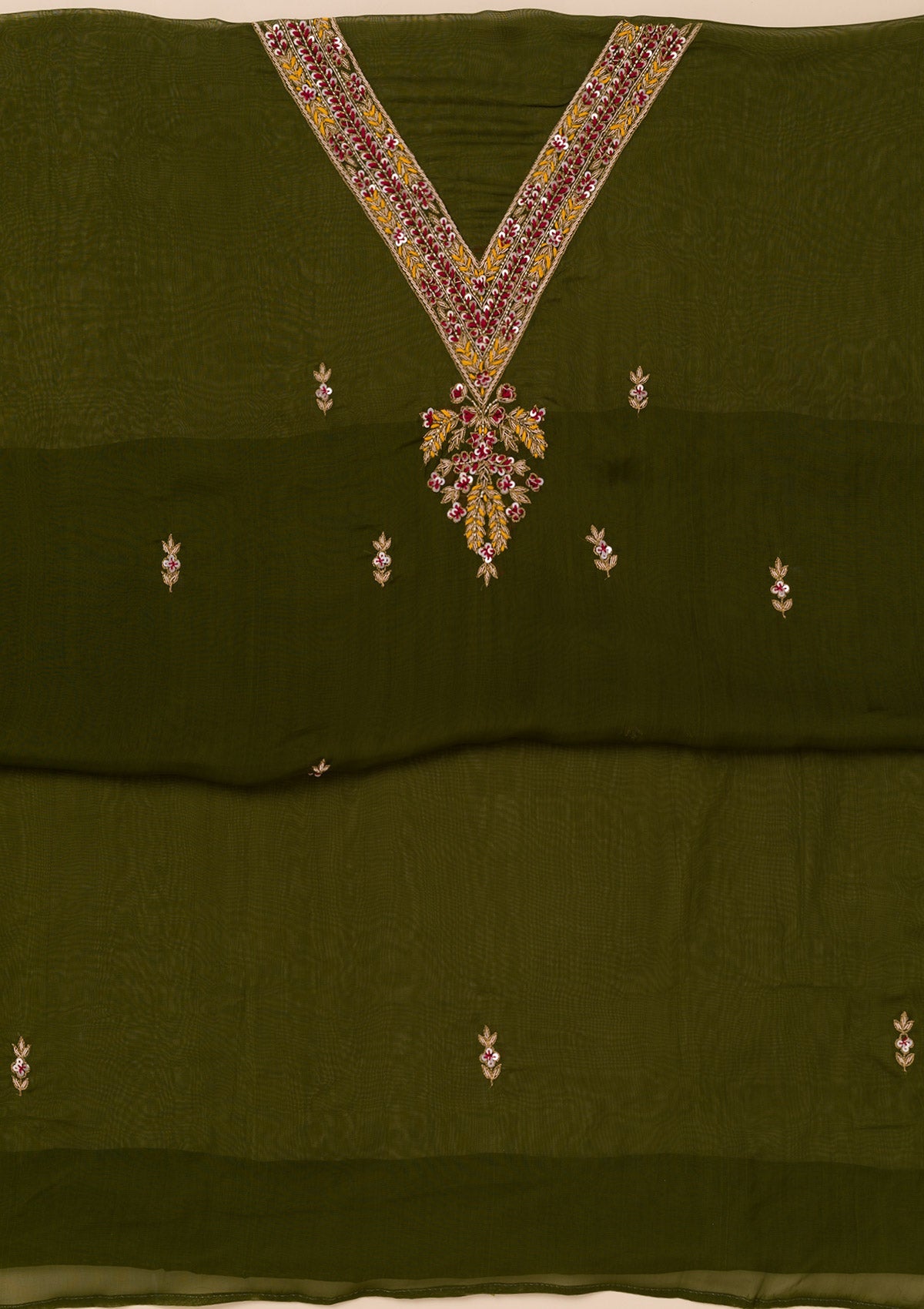 Mehendi Threadwork Tissue Unstitched Salwar Suit