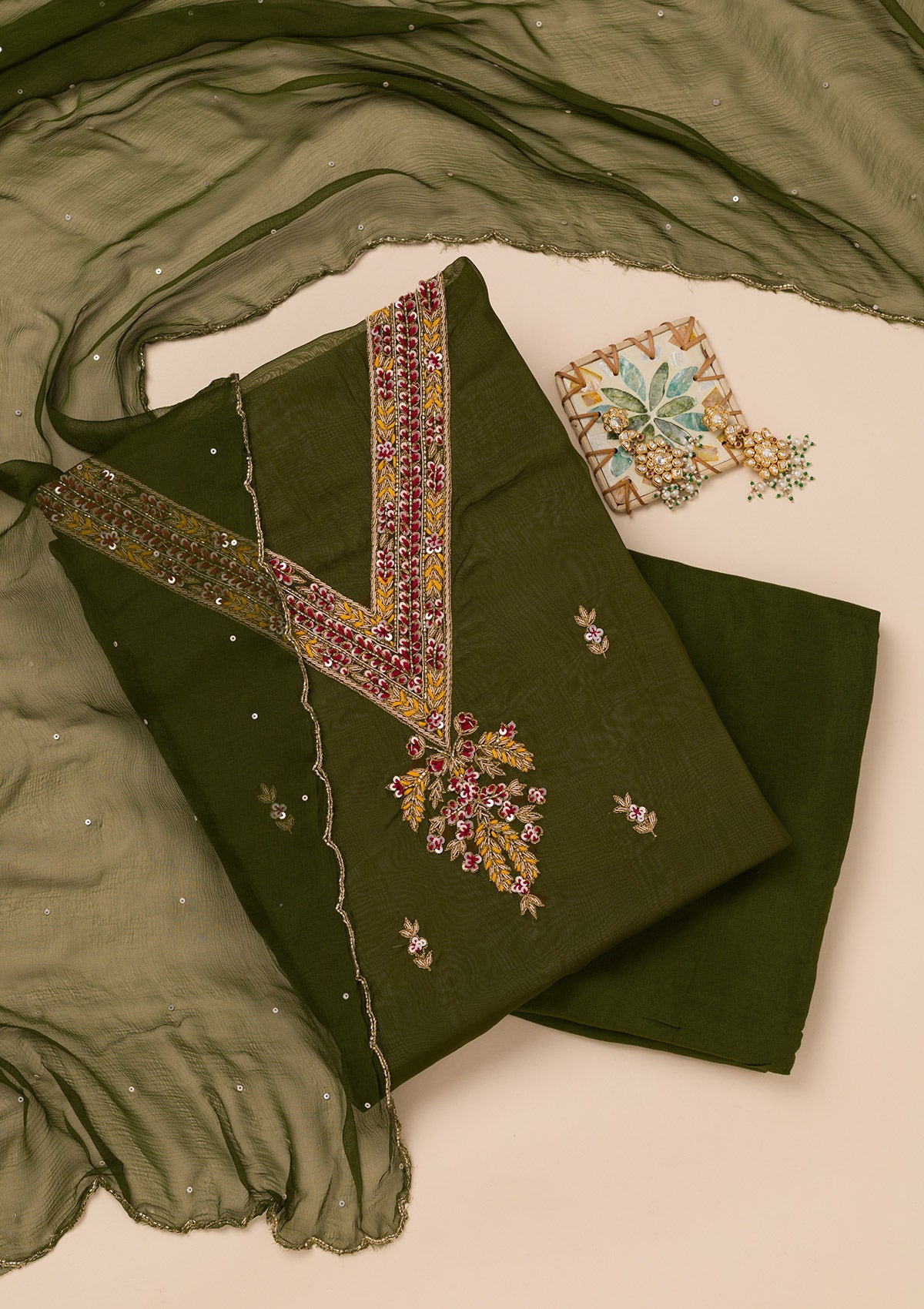 Mehendi Threadwork Tissue Unstitched Salwar Suit