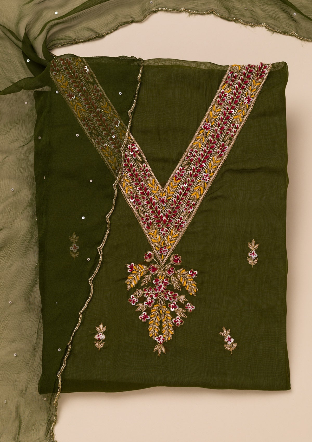 Mehendi Threadwork Tissue Unstitched Salwar Suit