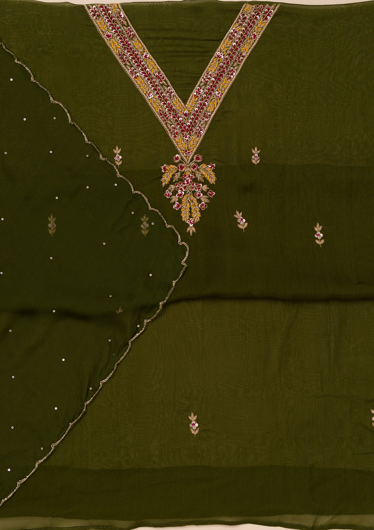 Mehendi Threadwork Tissue Unstitched Salwar Suit