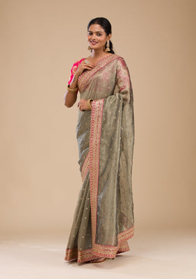 Mehendi Zariwork Tissue Saree