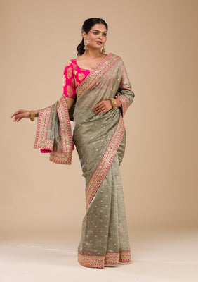 Mehendi Zariwork Tissue Saree