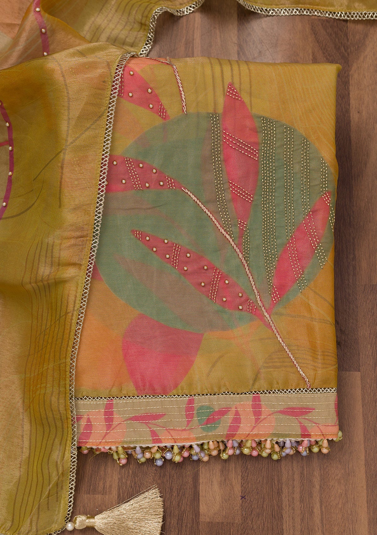 Mustard Printed Semi Crepe Unstitched Salwar Suit