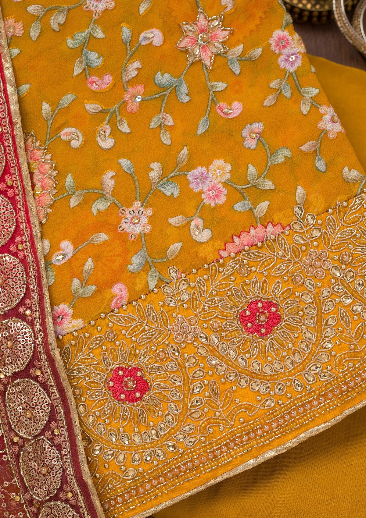 Mustard Threadwork Semi Crepe Unstitched Salwar Suit