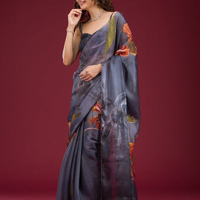 Navy Blue Printed Tissue Saree