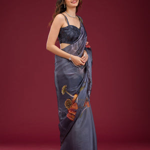 Navy Blue Printed Tissue Saree