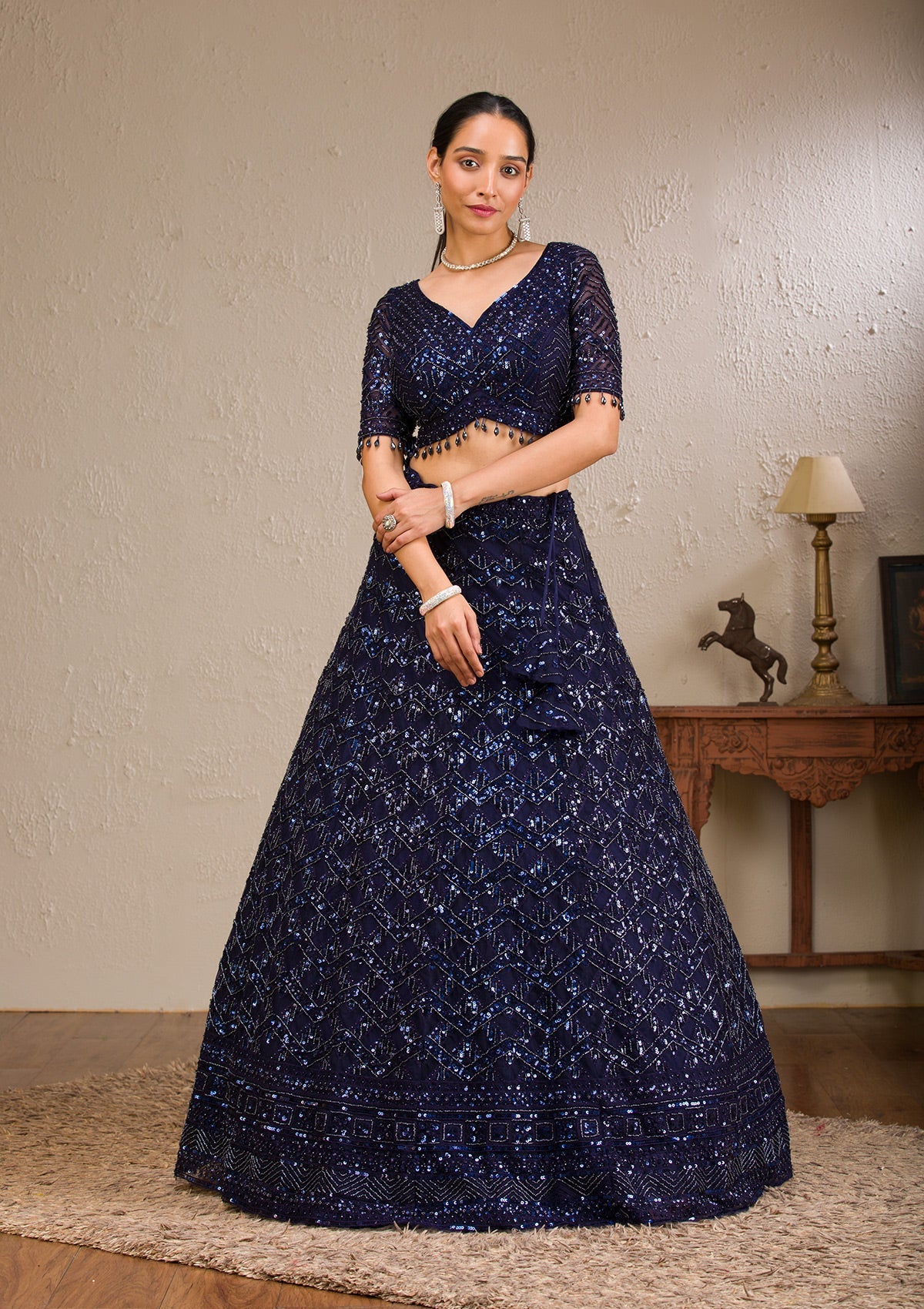 Navy Blue Sequins Net Readymade Lehenga