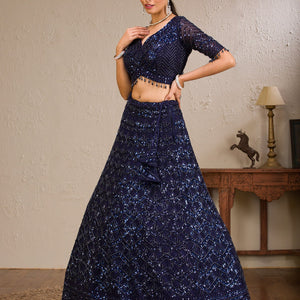 Navy Blue Sequins Net Readymade Lehenga