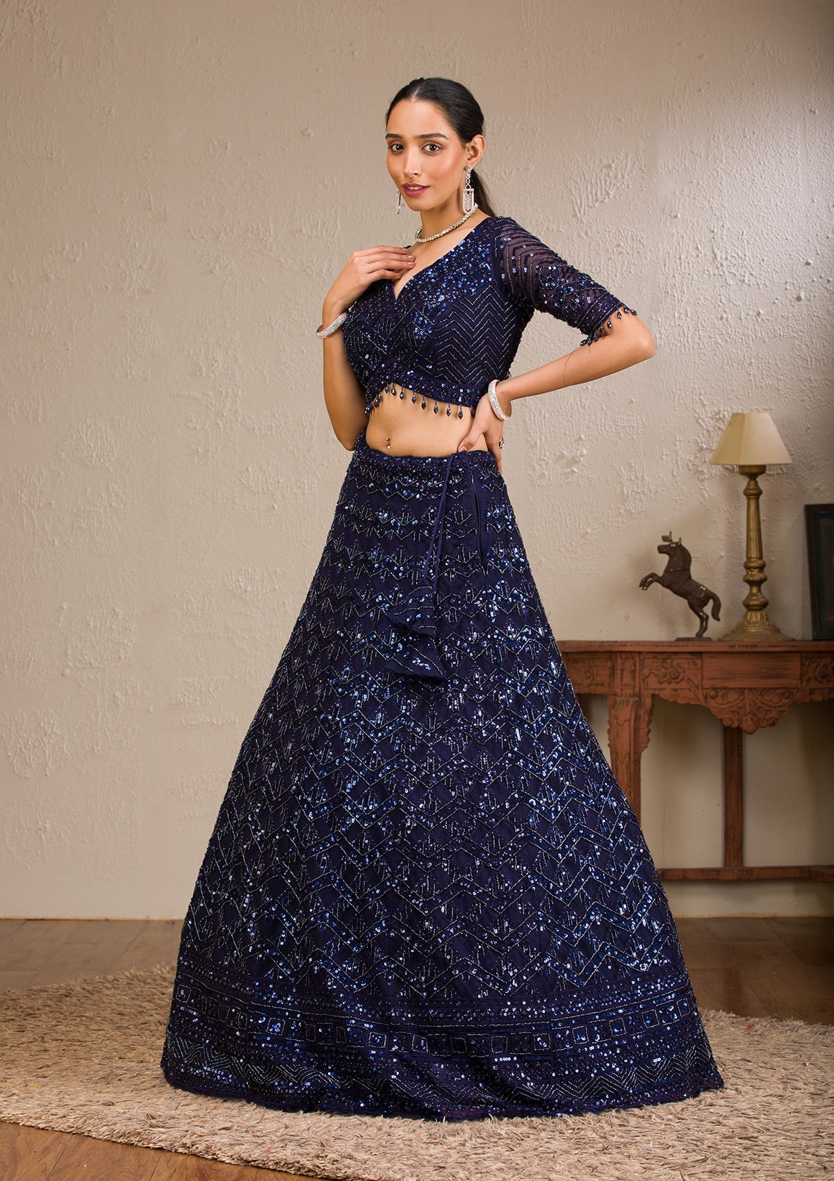 Navy Blue Sequins Net Readymade Lehenga