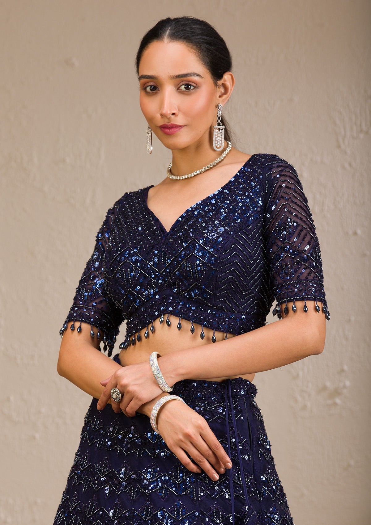 Navy Blue Sequins Net Readymade Lehenga