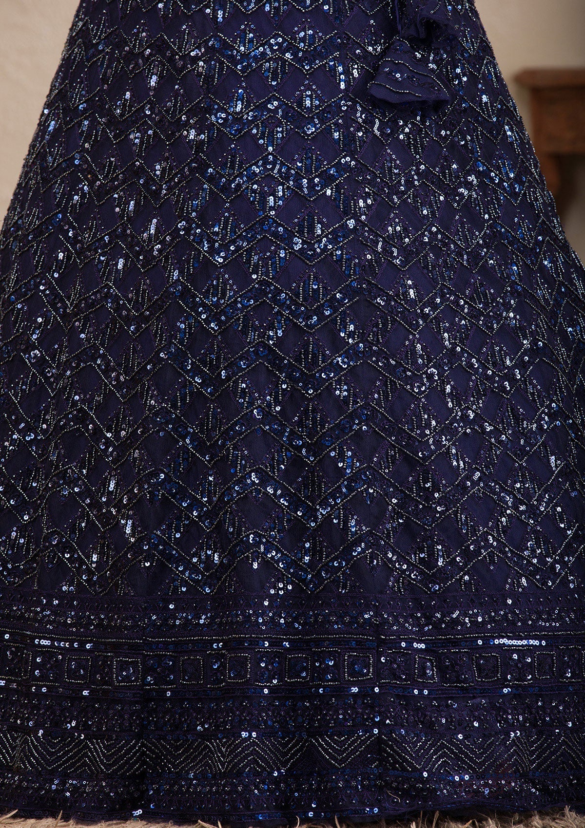 Navy Blue Sequins Net Readymade Lehenga