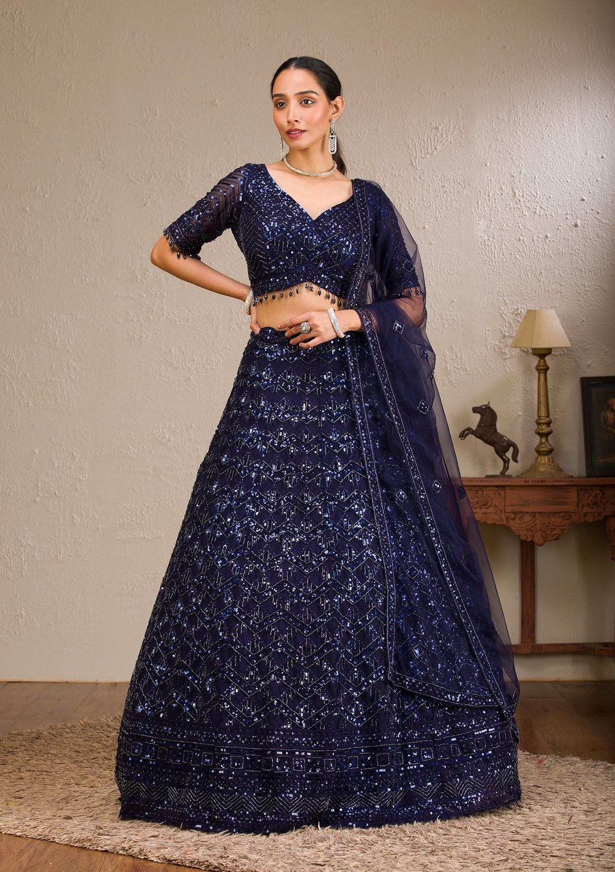 Navy Blue Sequins Net Readymade Lehenga