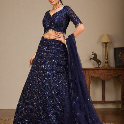 Navy Blue Sequins Net Readymade Lehenga