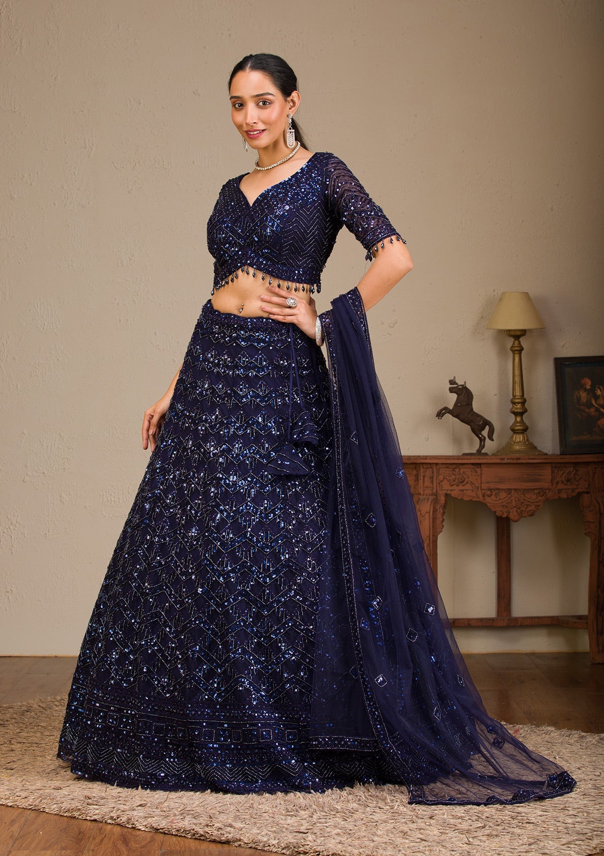 Navy Blue Sequins Net Readymade Lehenga