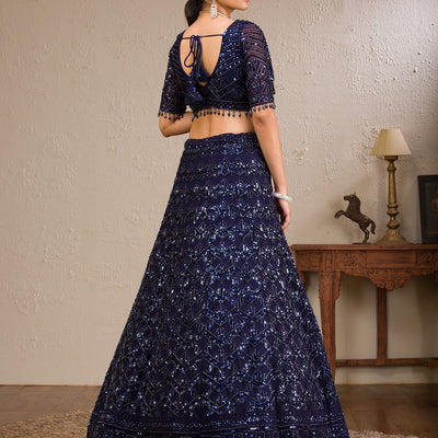 Navy Blue Sequins Net Readymade Lehenga