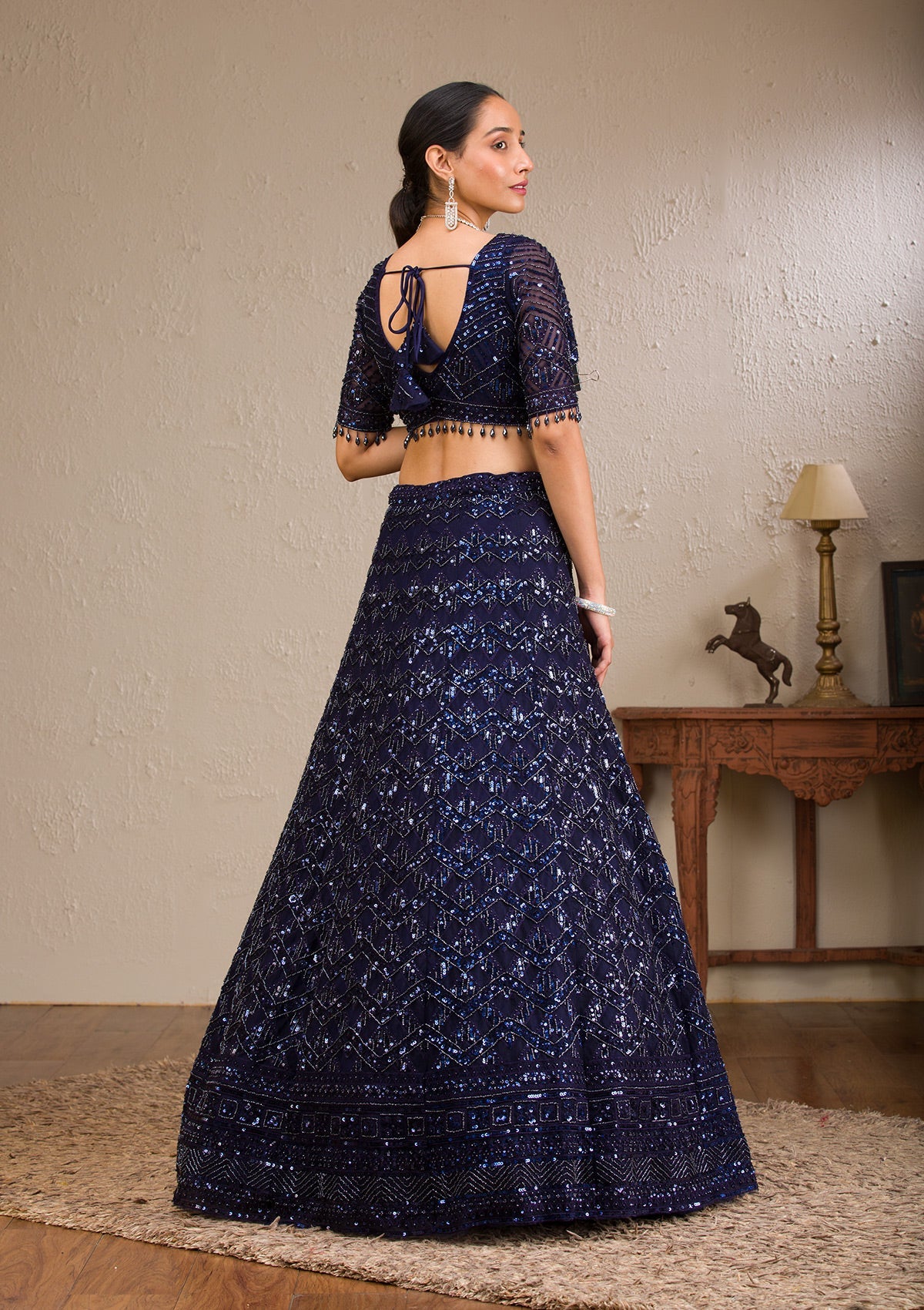 Navy Blue Sequins Net Readymade Lehenga