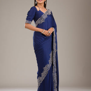 Navy Blue Swarovski Satin Saree