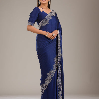 Navy Blue Swarovski Satin Saree