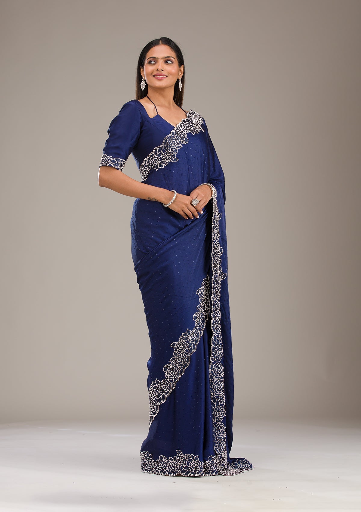 Navy Blue Swarovski Satin Saree