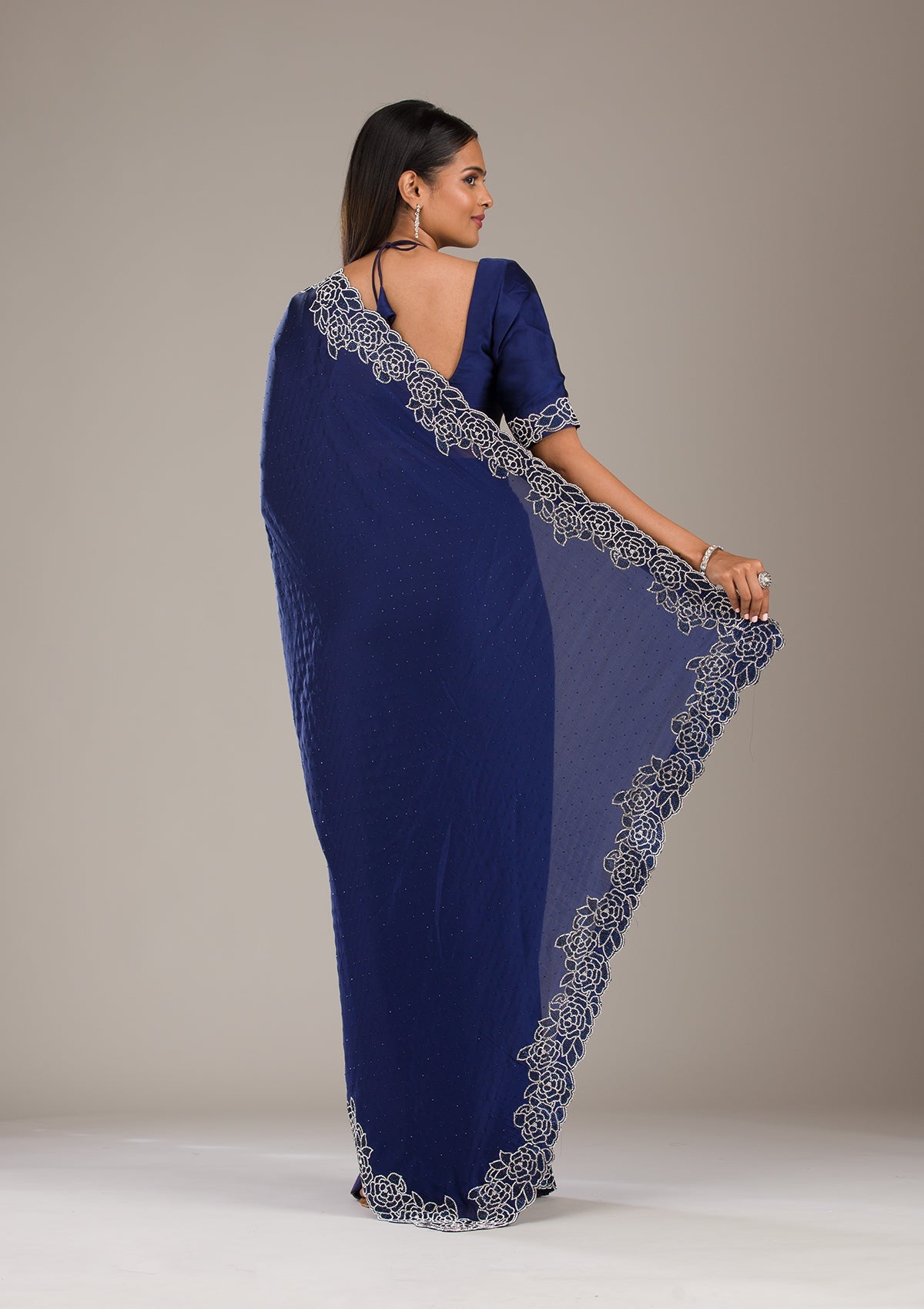 Navy Blue Swarovski Satin Saree