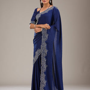 Navy Blue Swarovski Satin Saree
