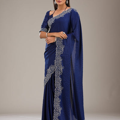 Navy Blue Swarovski Satin Saree