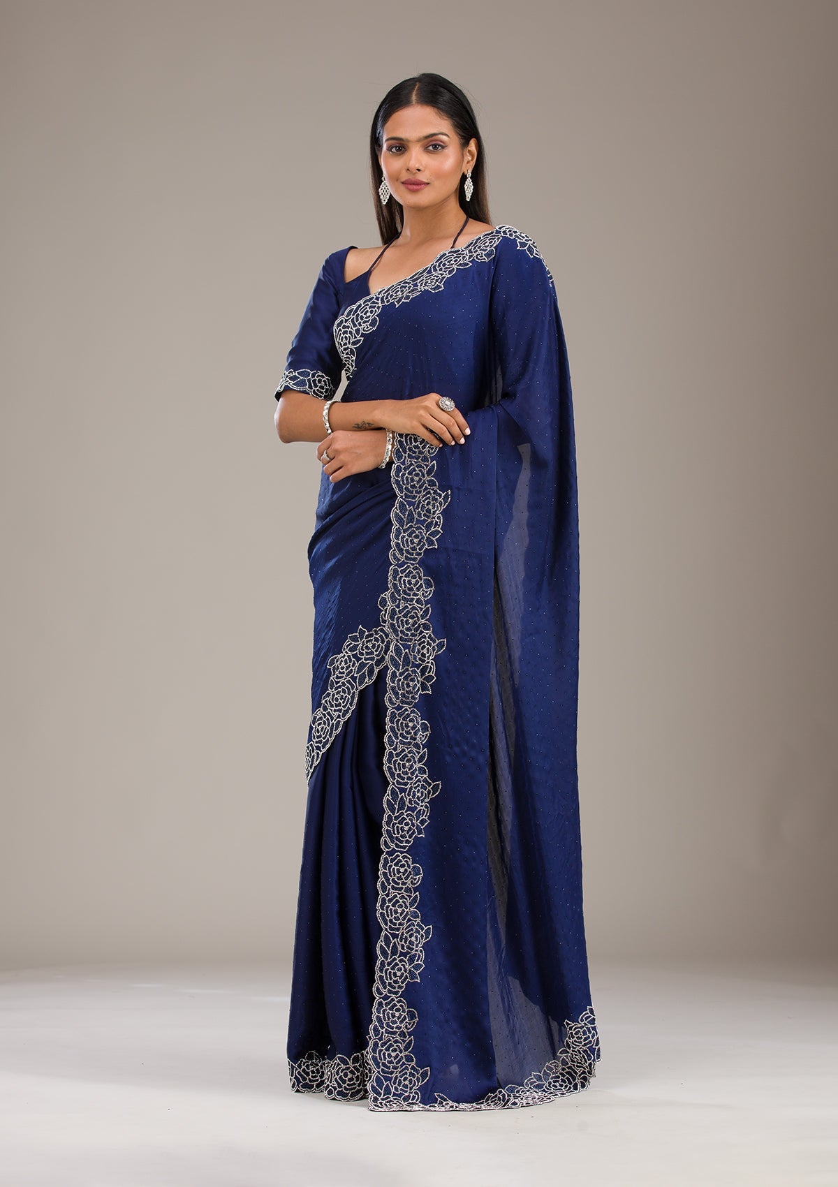 Navy Blue Swarovski Satin Saree