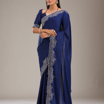 Navy Blue Swarovski Satin Saree