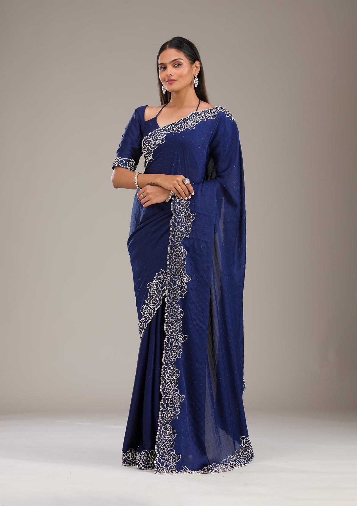 Navy Blue Swarovski Satin Saree
