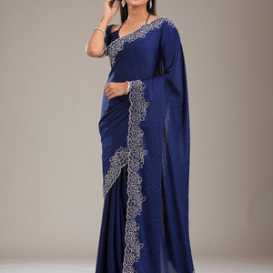 Navy Blue Swarovski Satin Saree