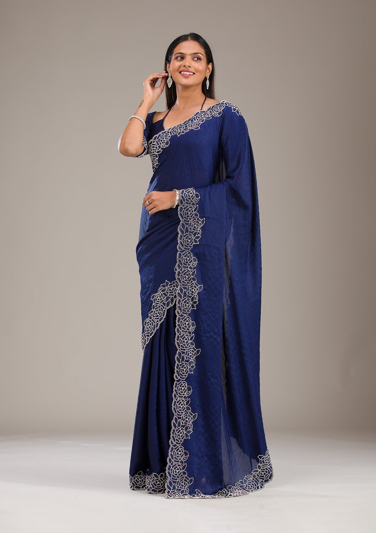 Navy Blue Swarovski Satin Saree