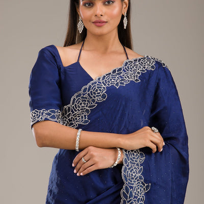 Navy Blue Swarovski Satin Saree