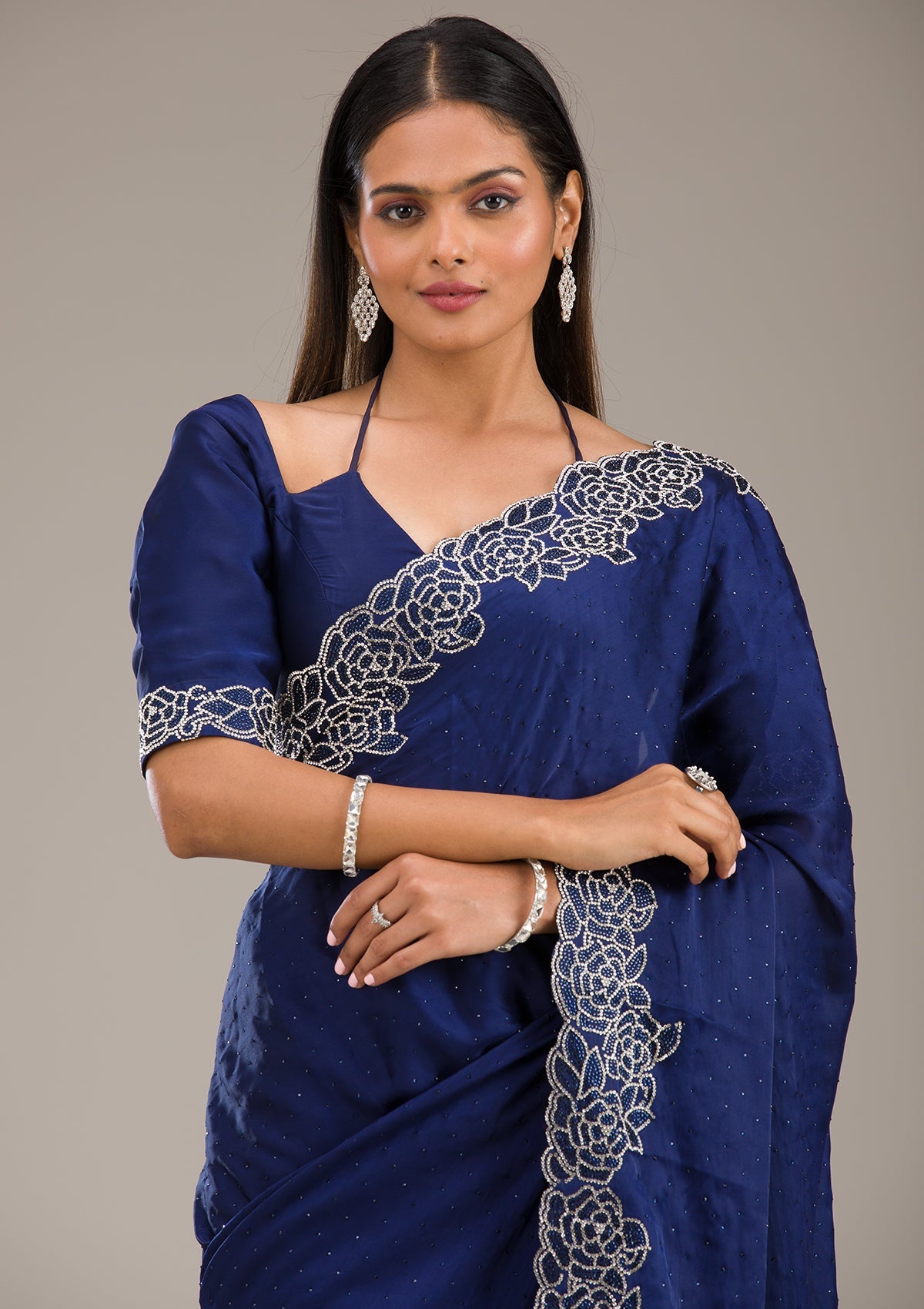 Navy Blue Swarovski Satin Saree