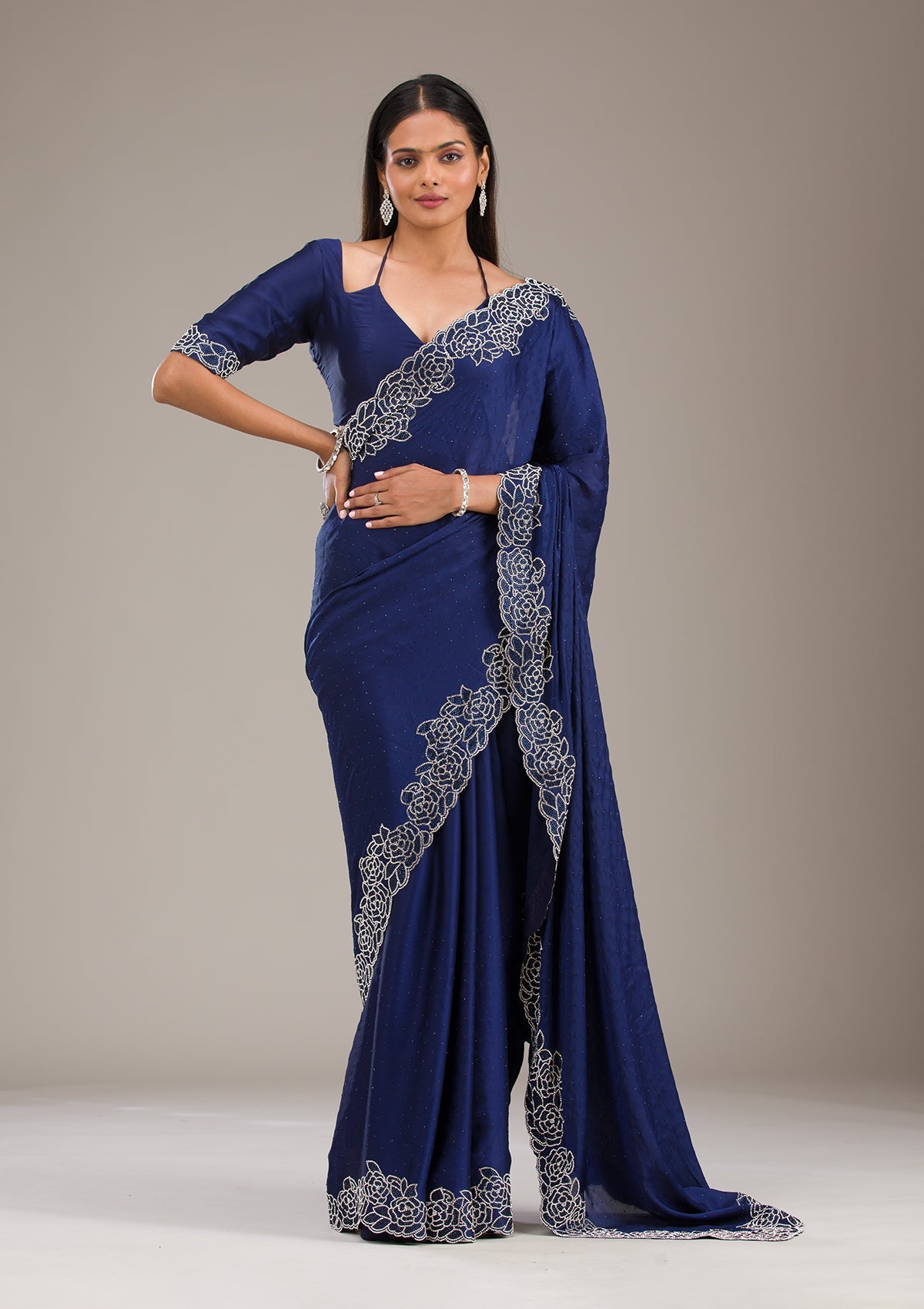 Navy Blue Swarovski Satin Saree