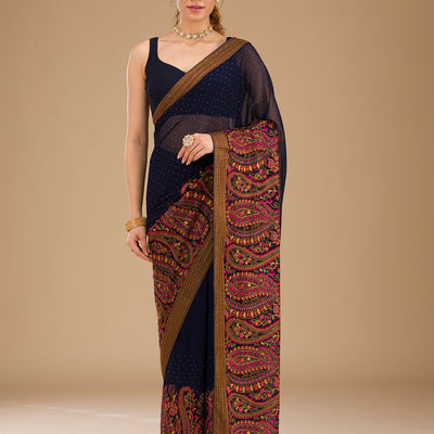 Navy Blue Threadwork Georgette Saree