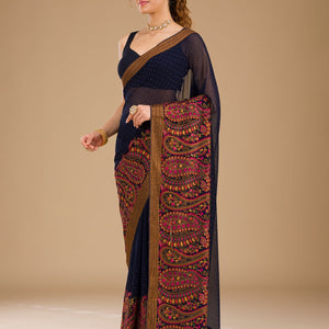 Navy Blue Threadwork Georgette Saree