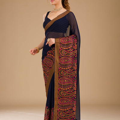 Navy Blue Threadwork Georgette Saree