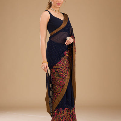 Navy Blue Threadwork Georgette Saree