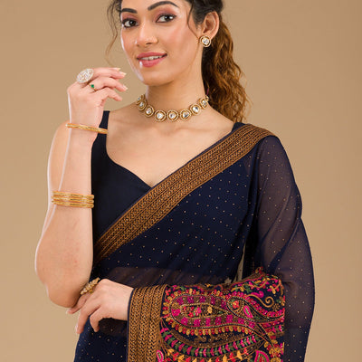 Navy Blue Threadwork Georgette Saree