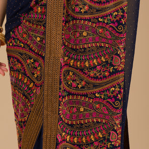 Navy Blue Threadwork Georgette Saree