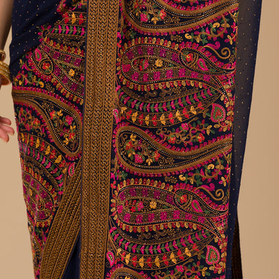 Navy Blue Threadwork Georgette Saree