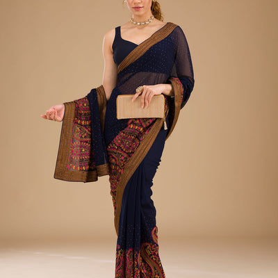 Navy Blue Threadwork Georgette Saree