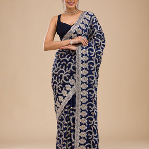 Navy Blue Zariwork Georgette Saree