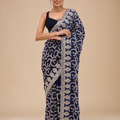 Navy Blue Zariwork Georgette Saree